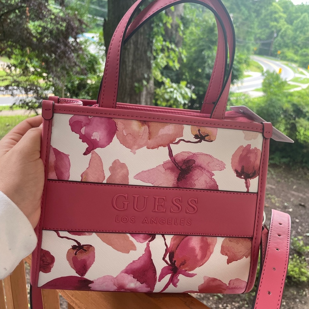 Guess Pink and White Satchel with Floral Design